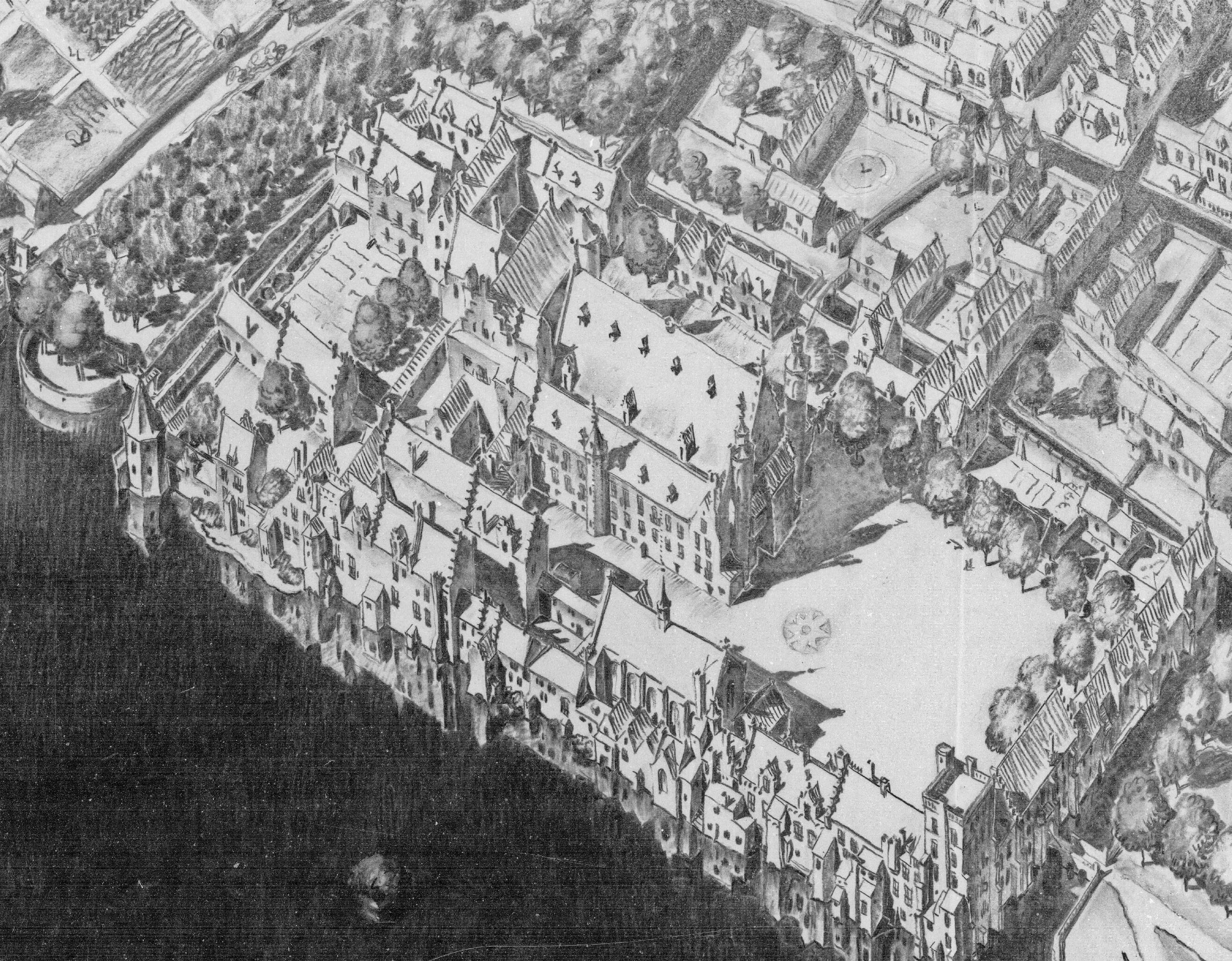 I-O Vogelvluchttekening van het Binnenhof en directe omgeving in 1600, door H. de Lussanet de la Sablonière 1932 (4.RGD, 396.5)