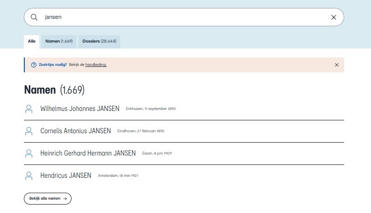 Oorlog voor de Rechter website: zoeken op naam