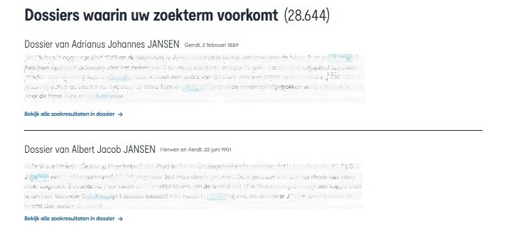 Website Oorlog voor de Rechter: zoeken op trefwoord in dossiers