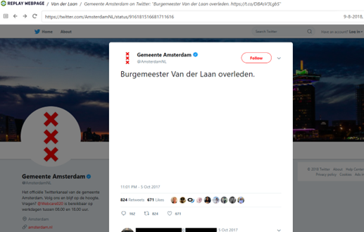 Het gearchiveerde Twitter bericht, getoond in Replay Webpage, waarin wordt gedeeld dat Burgermeester Van der Laan is overleden.