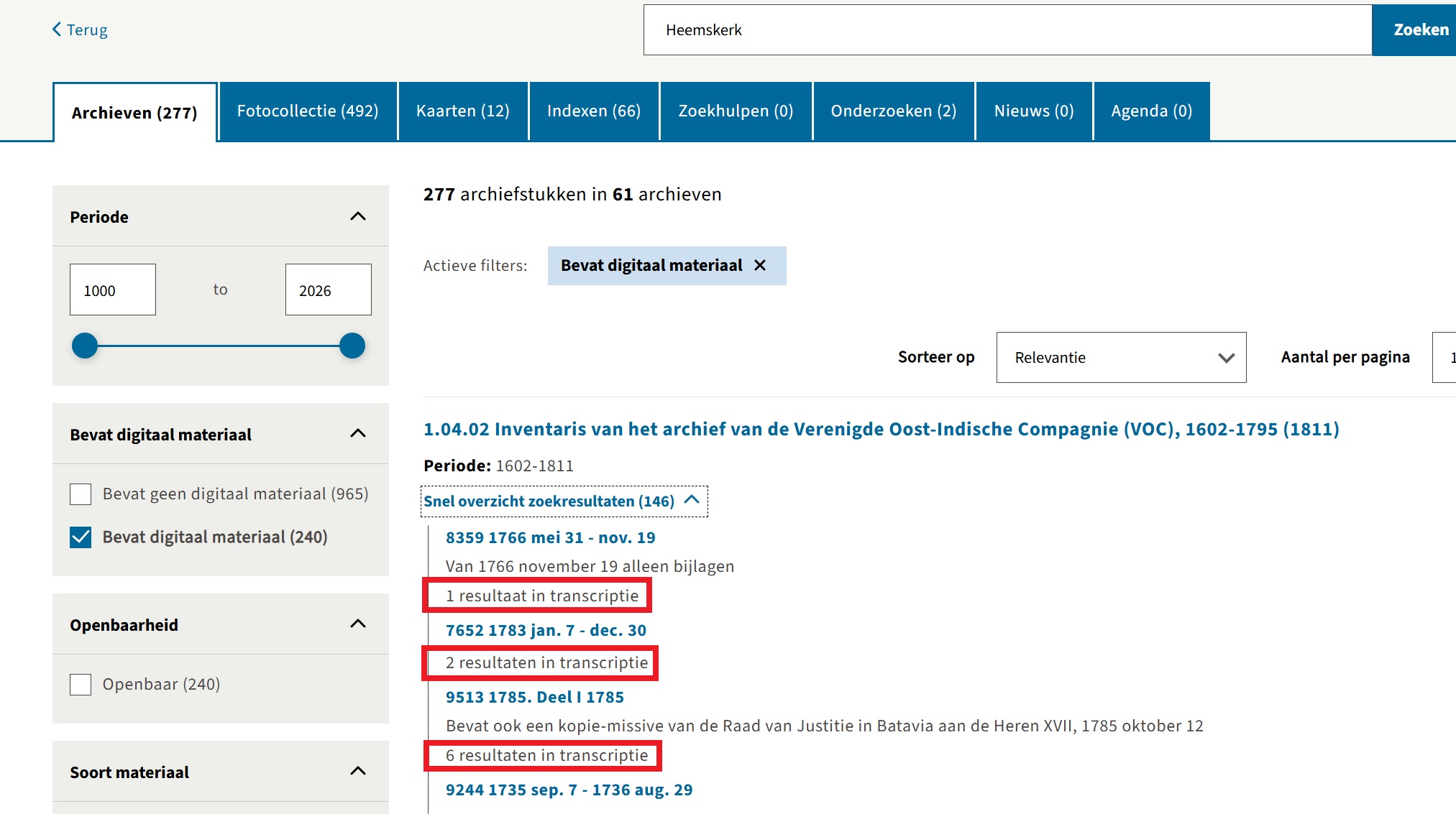 Resultatenpagina transcriptievermelding