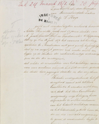 Brief van Aletta Jacobs aan Minister Thorbecke (1871).