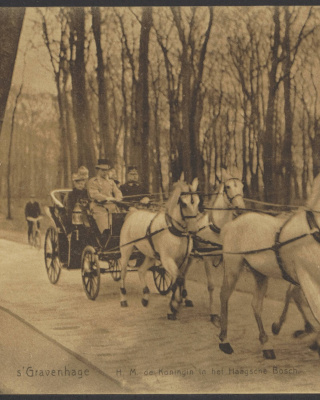 Koningin Wilhelmina in een rijtuig rijdend door het Haagse Bos (ca. 1900), Collectie Fotocollectie Elsevier Binnenland