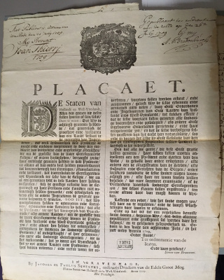 Plakkaat over naturalisatiewet voor hugenoten (1709).