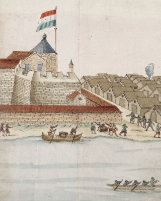 Tekening door Gerard van Keulen van Fort Elmina in Ghana (17e eeuw).