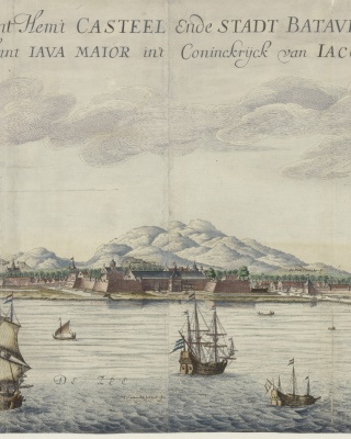 A VOC (Dutch East India Company) ship damaged by fire at the wharf