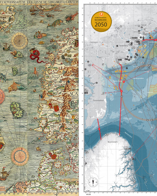 Afbeelding van de vergelijking Carta Marina 1539 vs Kaart MUST Visie op de Noordzee 2014
