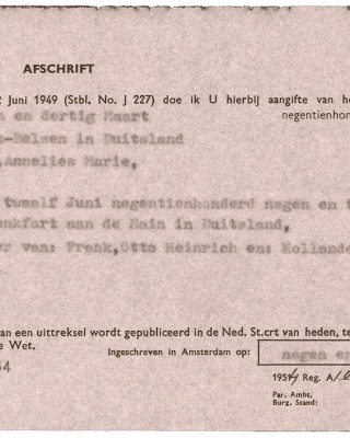 Vaststelling overlijden van Anne Frank. Nationaal Archief, Commissie tot het doen van aangifte van overlijden van vermisten