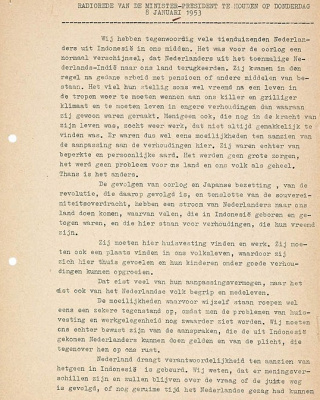 Uitgeschreven radiotoespraak van Willem Drees, 8 januari 1953.