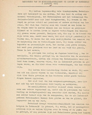 Uitgeschreven radiotoespraak van Willem Drees, 8 januari 1953.