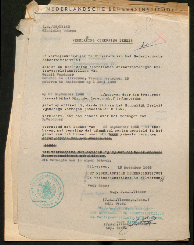 The declaration to lift the freezing of Gerrit Verdoner’s assets, September-November 1946. National Archives of the Netherlands, coll. 2.09.16.15, inv. nr. 166061.
