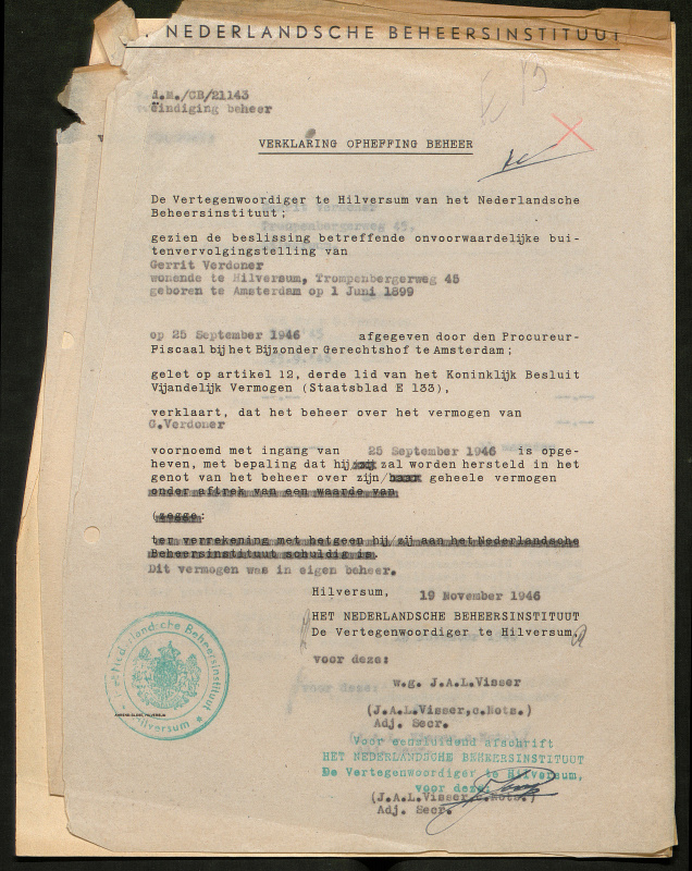 The declaration to lift the freezing of Gerrit Verdoner’s assets, September-November 1946. National Archives of the Netherlands, coll. 2.09.16.15, inv. nr. 166061.