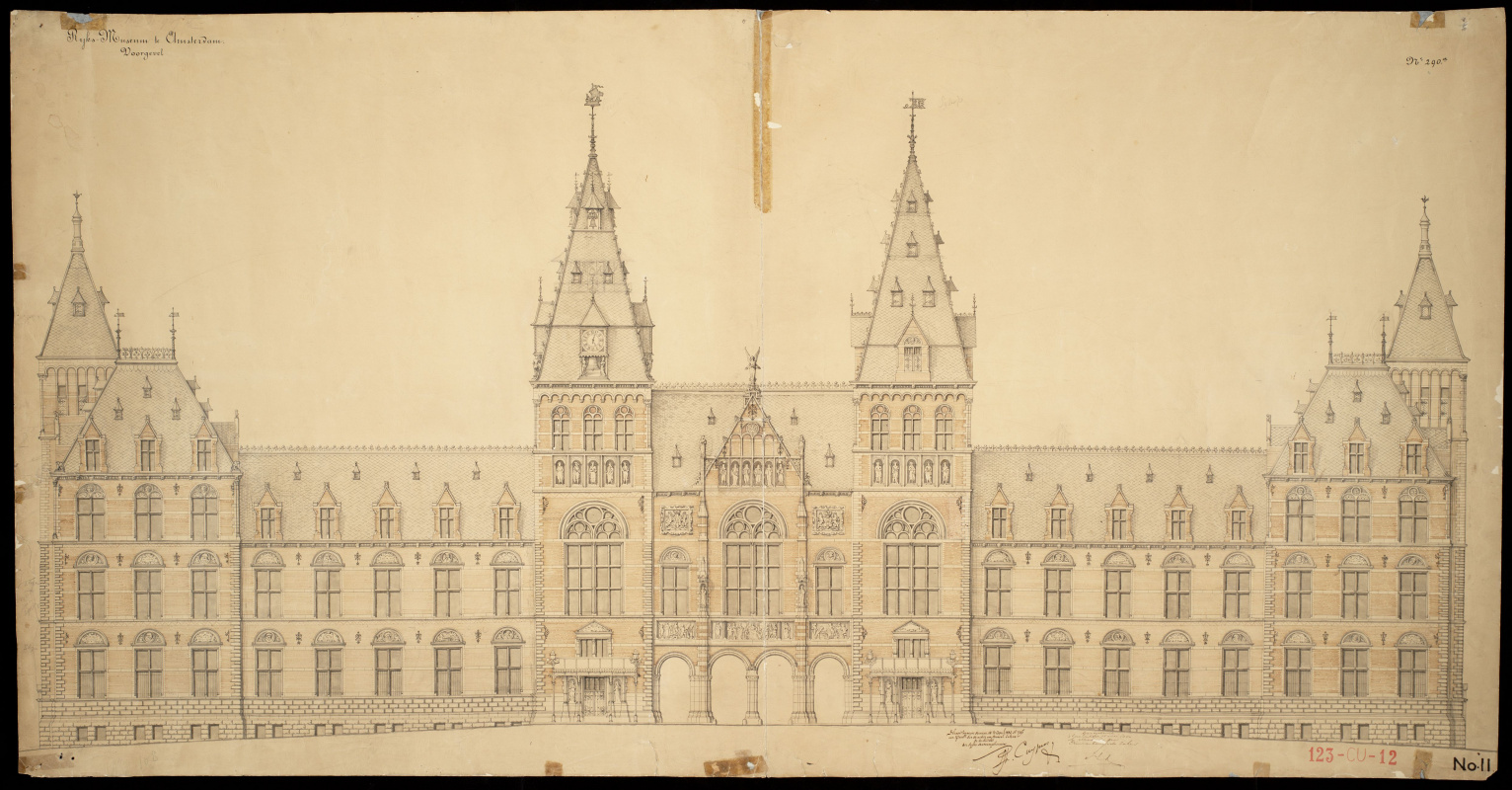 Voorbeeld van een tekening van het Rijksmuseum getekend door Pierre Cuypers, waarvan een origineel bewaard is in kleur, 4.RGD inv.nr. 93.273