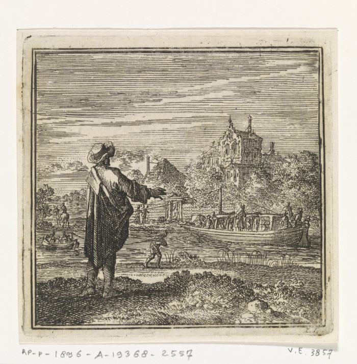 On the waterfront a man watches a barge, etching / letterpress print by Jan Luyken On the waterfront a man watches a barge, etching / letterpress print by Jan Luyken