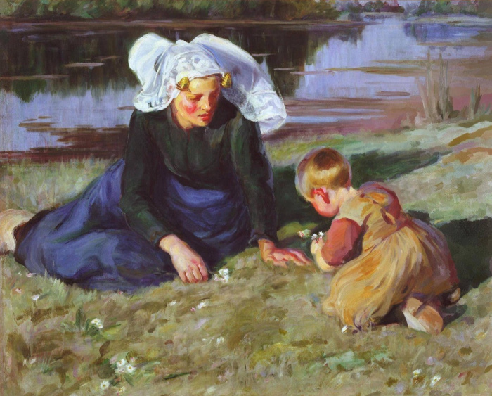 Wilhelmina Douglas Hawley, Mother and Child Sitting on the Grass, oil on canvas, Rijsoord, ca. 1892-1900, private collection.