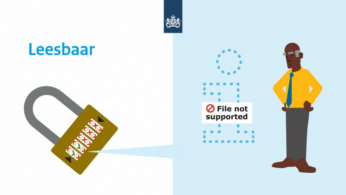 DUTO-kenmerk 'leesbaar' Onleesbare informatie wordt gevisualiseerd door een die foutmelding laat zien dat het bestandstype niet ondersteund wordt. Op een gesloten hangslot staan twee vinkjes en drie kruisjes – dit symboliseert de eerste vijf DUTO-kenmerken. Deze informatie is gevonden en beschikbaar, maar verder niet bruikbaar.