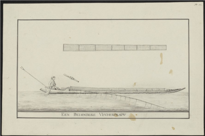 Tekening van 'Een byzondere vischerprauw'. 19e eeuw