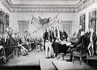 Een prent van de ondertekening van de verklaring van de onafhankelijkheid (declaration of independance) van de Verenigde Staten van Amerika op 4 juli 1776).