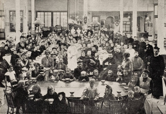 Een groep Belgische vluchtelingen wordt opgevangen in het tehuis van de R.K. Militairen Vereniging "Concordia" (oktober 1914).