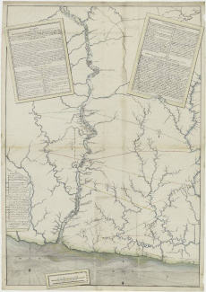 Kaart met aanvallen en expedities door de Aluku en koloniale troepen (1790) (bevat racistisch taalgebruik).