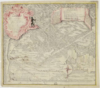 Kaart van het district Boven-Cottica met Buku en verscheidende wegen daar naartoe (1773) (bevat racistisch taalgebruik).