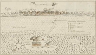 Kaart van Buku (hier ‘Mi Sa Lasi’ genoemd) en het koloniale legerkamp (1773) (bevat racistisch taalgebruik).