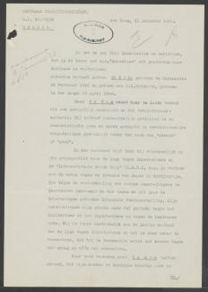 Brief van de directeur van de CI aan de Minister van Koloniën over Anton de Kom deel I (1932)
