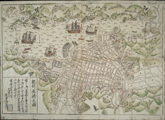 Plattegrond van de stad Nagasaki, Japanse blokdruk, 18e eeuw [4.AANW inv.nr. 57]