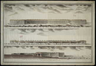 Voor- achter- en zijaanzicht van de batterij Amsterdam aan Kaap de Goede Hoop, 1786 [4.JSF inv.nr. 67.5]