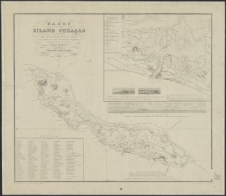 Kaart van het eiland Curaçao met daarop de namen en locaties van de landhuizen op het eiland 1886