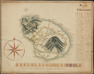 Kaart van het eiland St. Eustatius, met lijst van eigenaars en eigendommen, medio 18e eeuw [4.MIKO inv.nr. 339]