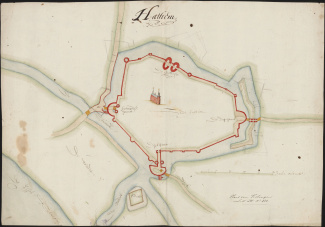 Vestingplan van Hattem, met voorstel tot verbetering van de vestingwerken in potlood, eerste helft 17e eeuw [4.OPV inv.nr. H28]