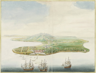 Gezicht in vogelvlucht op Banda Neira, Indische Archipel, door Johannes Vingboons, ca. 1665 [4.VELH inv.nr. 619.114]