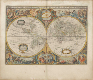 Nova Totius Terrarum Orbis Geographica Ac Hydrographica Tabula': wereldkaart door Jacob Colom, uit de Nieuw Zee Atlas of Water weerelt [...] van Pieter van Alphen, 1660 [4.VEL inv.nr. K (kaart 1)]