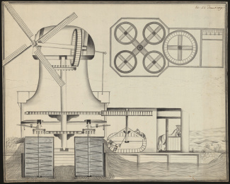 Ontwerp voor een poldermolen die zowel door de wind als door paarden aangedreven kan worden, door Cornelis Stolting, 1791 [4.VTHR inv.nr. 660]