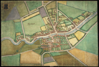 Kaart van Rijnsburg met abdij (17e eeuw).