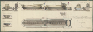 Aanzichten en plattegrond van het droge kieldok met stoommachine te Hellevoetsluis, met plan voor het daarbij te bouwen timmerdok, 1821 [4.WCA inv.nr. 5732]
