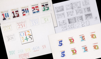 Ontwerpen cijferpostzegels van Crouwel, Sandberg en Noordzij, 1976
