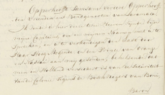 Brief van kolonel Fourgeoud over zijn opdracht om de kolonie te beschermen tegen Boni en Baron (22 maart 1776) (bevat racistisch taalgebruik).