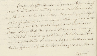 Brief van kolonel Fourgeoud over zijn opdracht om de kolonie te beschermen tegen Boni en Baron (22 maart 1776) (bevat racistisch taalgebruik).