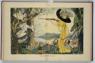 Vrouw schiet vogels voor mode-industrie, cartoon Gordon Ross 1911