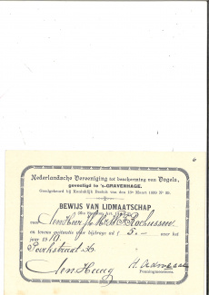 lidmaatschapskaart J.J. Rochussen vogelbescherming 1910